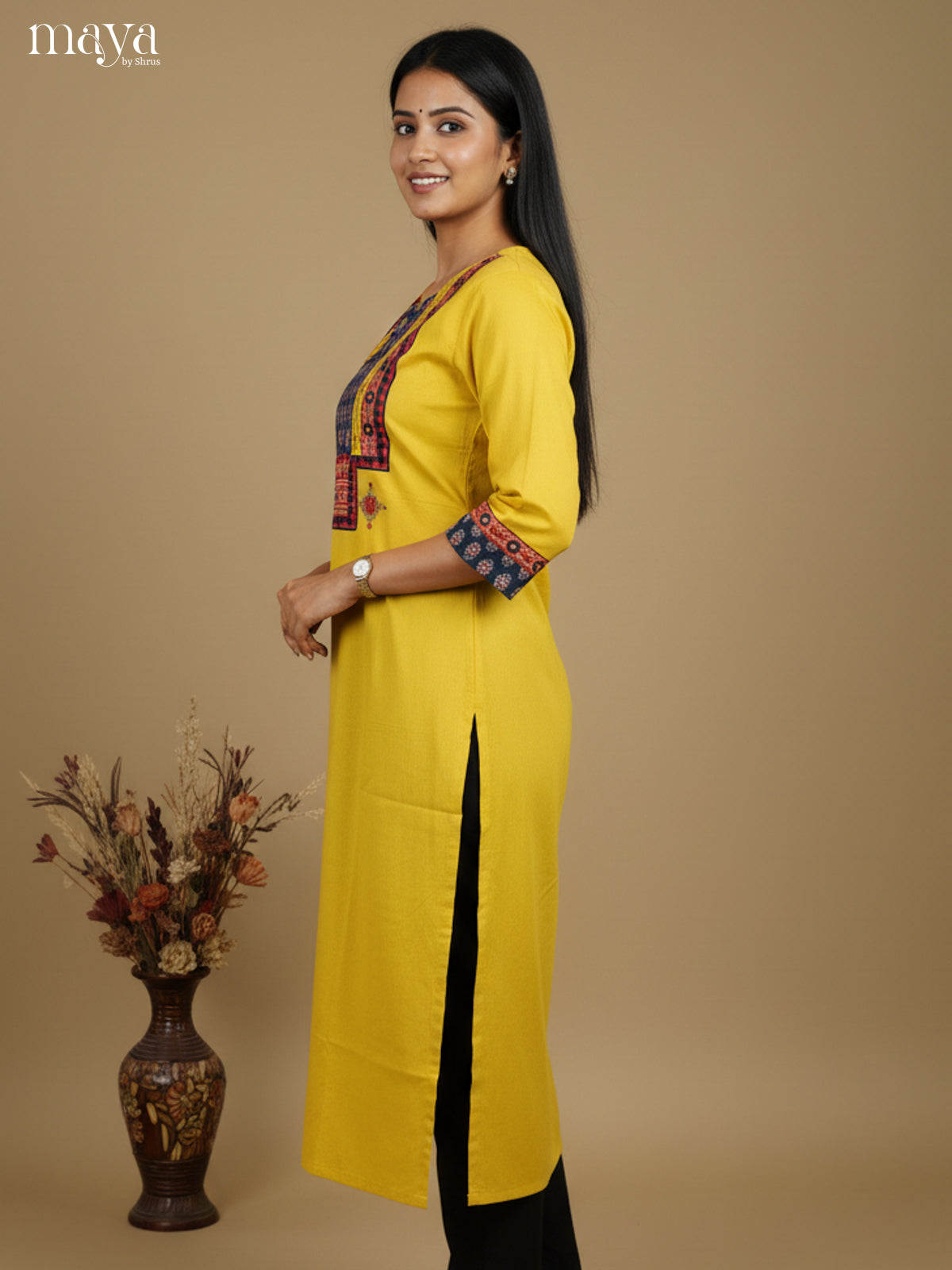 Mustardy Green & Blue Readymade Kurti with ajrakh printed neck yoke