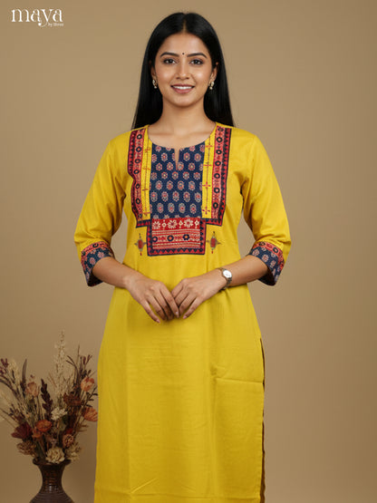 Mustardy Green & Blue Readymade Kurti with ajrakh printed neck yoke