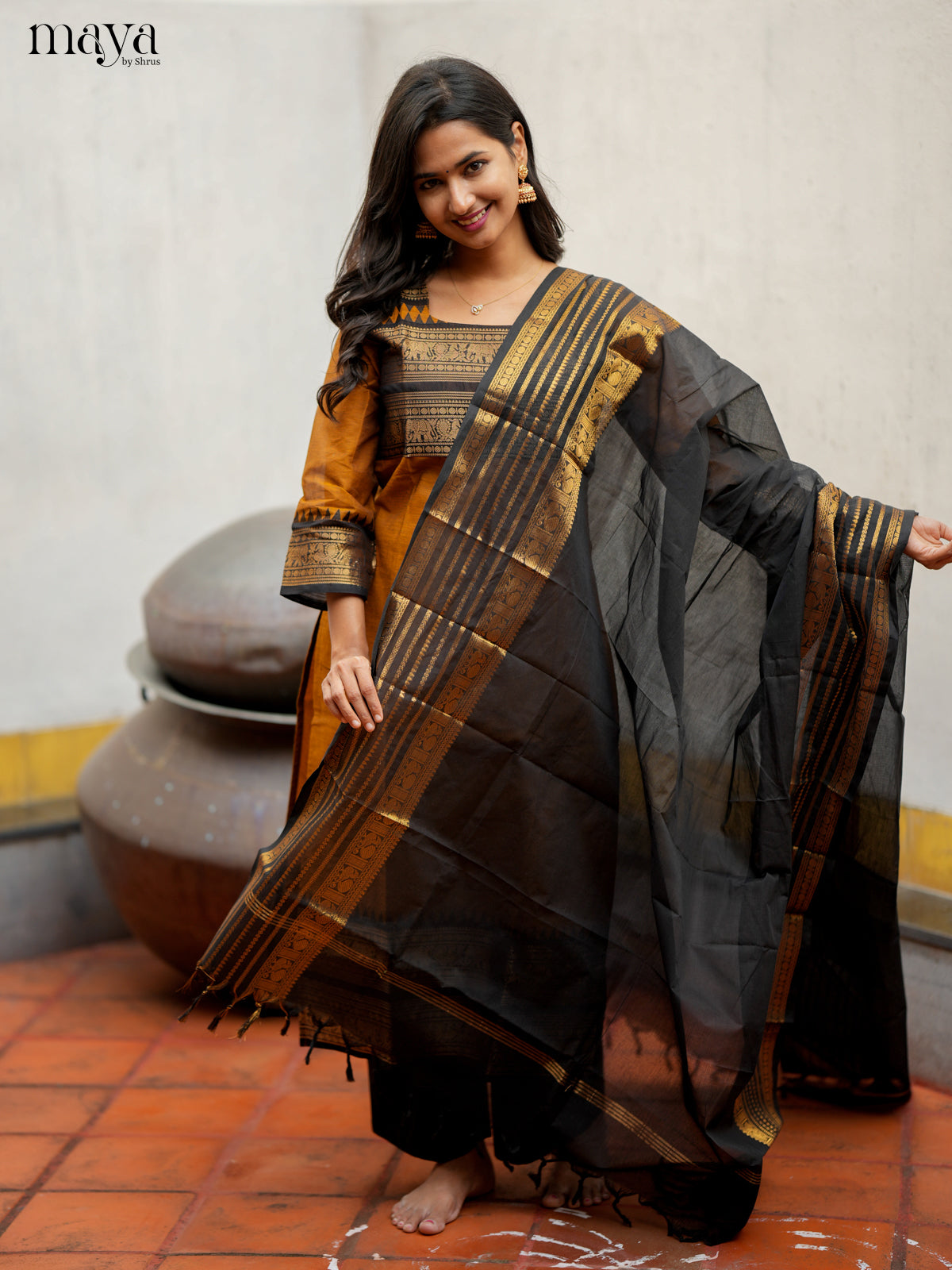 Stylish Mustard & Black Chettinad  Cotton Readymade Kurti with dupatta