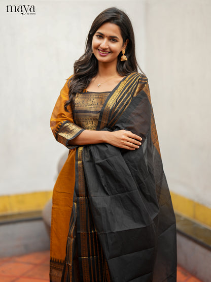 Stylish Mustard & Black Chettinad  Cotton Readymade Kurti with dupatta