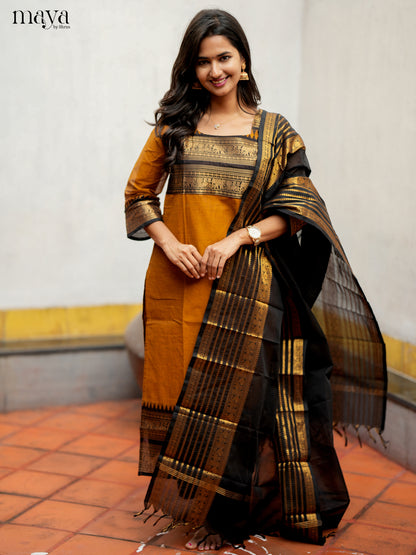 Stylish Mustard & Black Chettinad  Cotton Readymade Kurti with dupatta