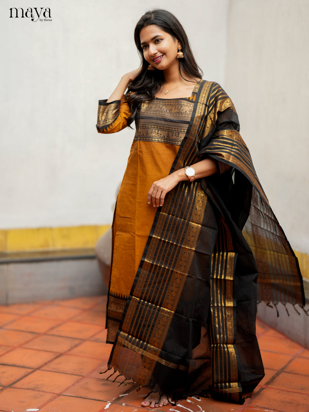 Stylish Mustard & Black Chettinad  Cotton Readymade Kurti with dupatta