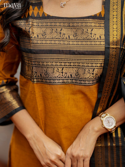 Stylish Mustard & Black Chettinad  Cotton Readymade Kurti with dupatta