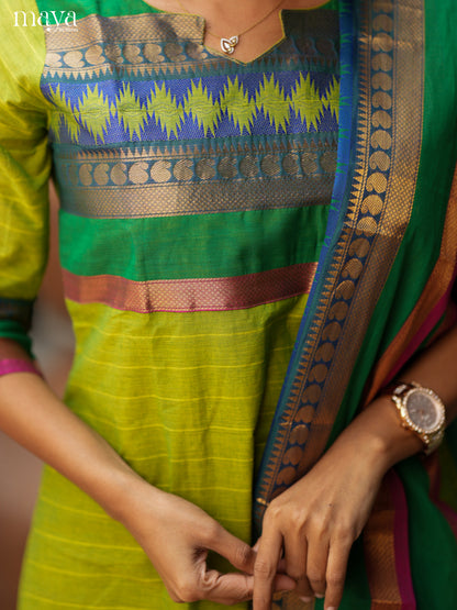 Light Green & Green Chettinad Cotton Readymade Straight Kurti with Dupatta