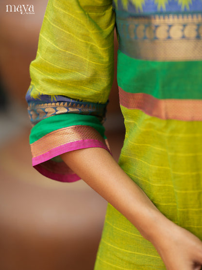 Light Green & Green Chettinad Cotton Readymade Straight Kurti with Dupatta