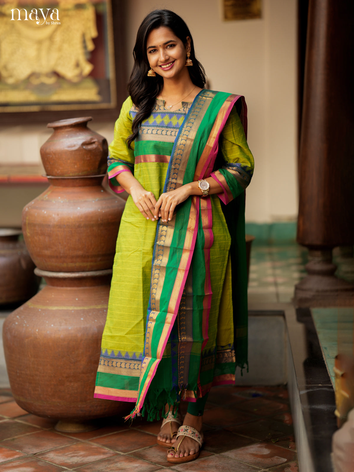 Light Green & Green Chettinad Cotton Readymade Straight Kurti with Dupatta