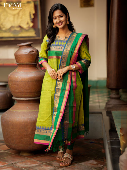 Light Green & Green Chettinad Cotton Readymade Straight Kurti with Dupatta