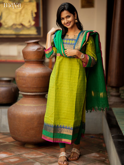Light Green & Green Chettinad Cotton Readymade Straight Kurti with Dupatta