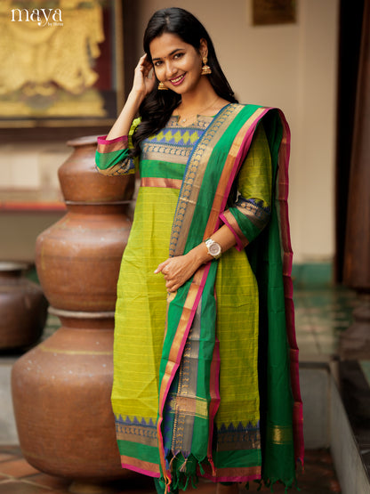 Light Green & Green Chettinad Cotton Readymade Straight Kurti with Dupatta