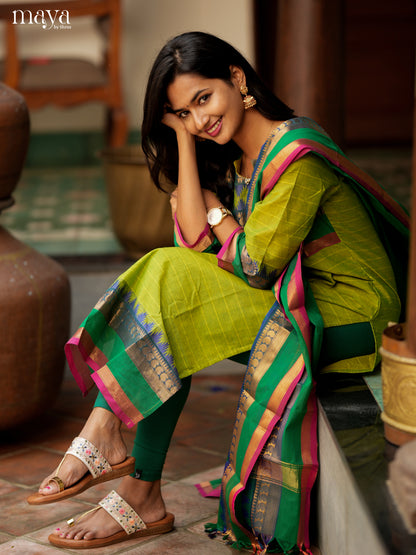Light Green & Green Chettinad Cotton Readymade Straight Kurti with Dupatta