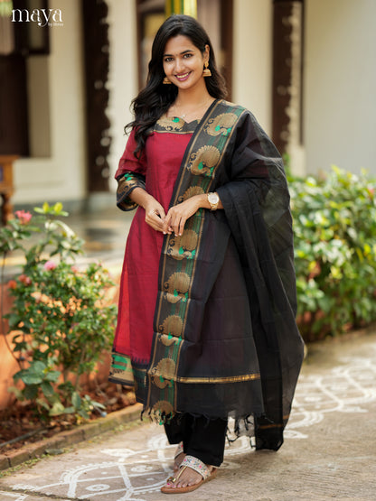 Maroon & Black Chettinad Cotton Readymade Kurti with Dupatta