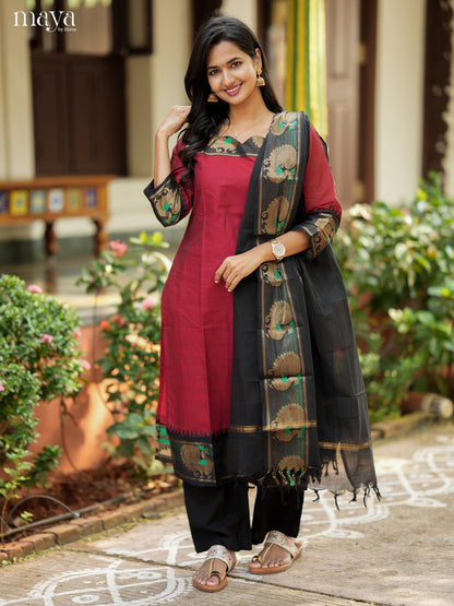 Maroon & Black Chettinad Cotton Readymade Kurti with Dupatta