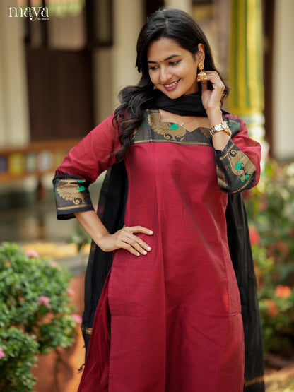 Maroon & Black Chettinad Cotton Readymade Kurti with Dupatta