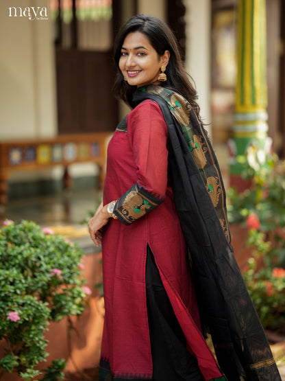 Maroon & Black Chettinad Cotton Readymade Kurti with Dupatta