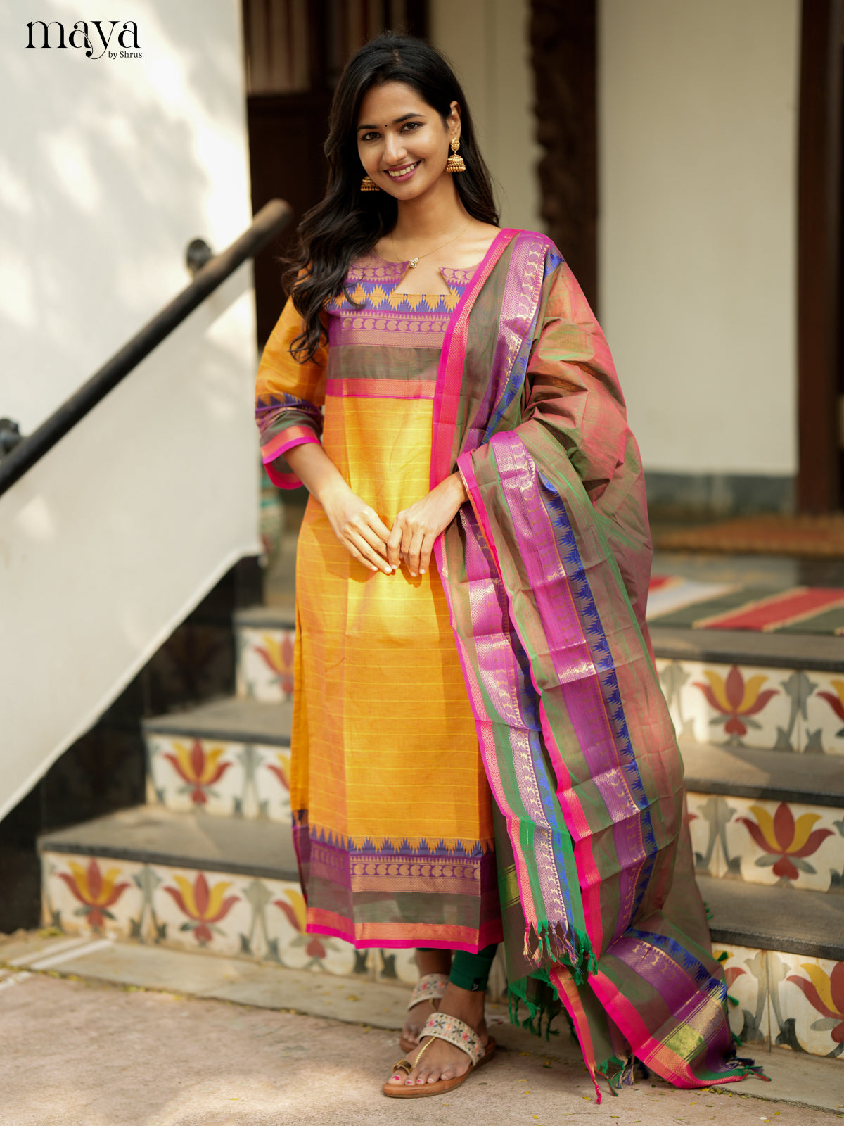 Graceful mustard & Double Shaded Green Chettinad Cotton straight Readymade Kurti with dupatta