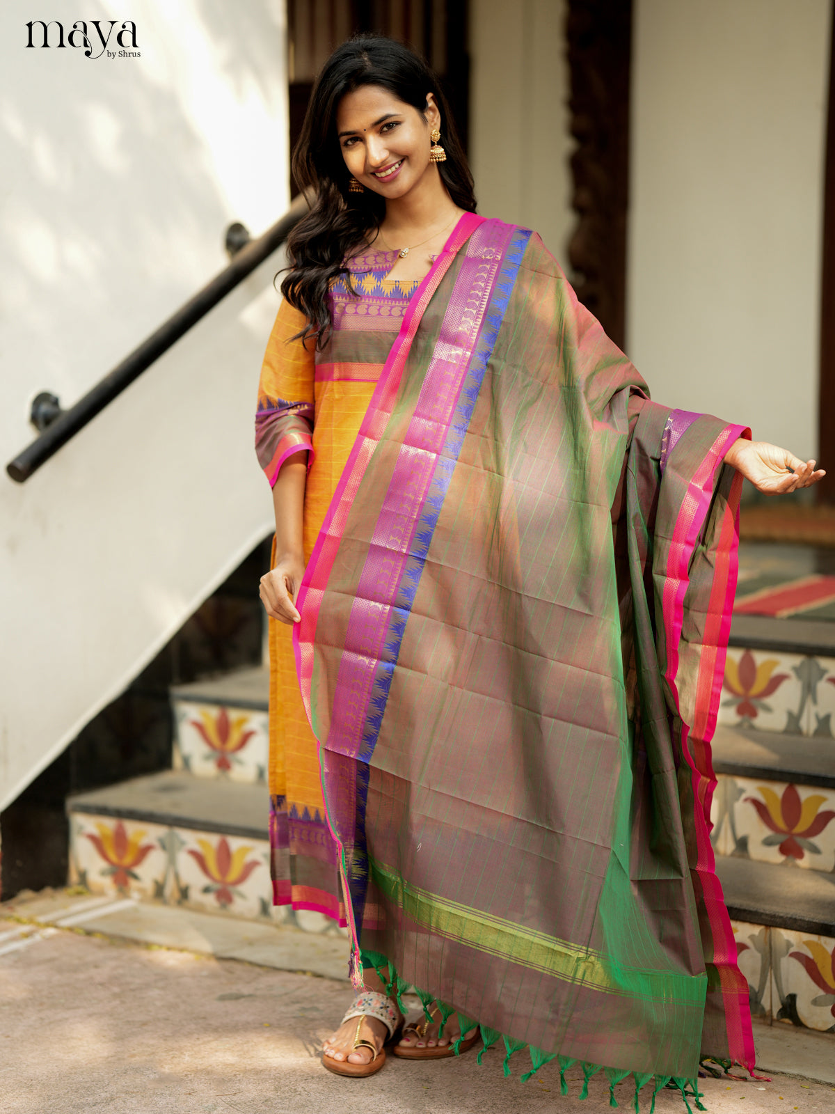 Graceful mustard & Double Shaded Green Chettinad Cotton straight Readymade Kurti with dupatta