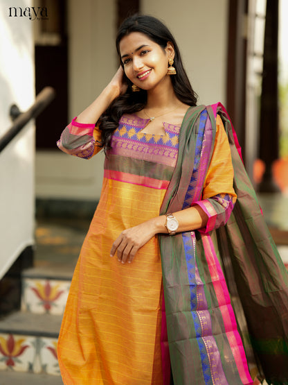Graceful mustard & Double Shaded Green Chettinad Cotton straight Readymade Kurti with dupatta