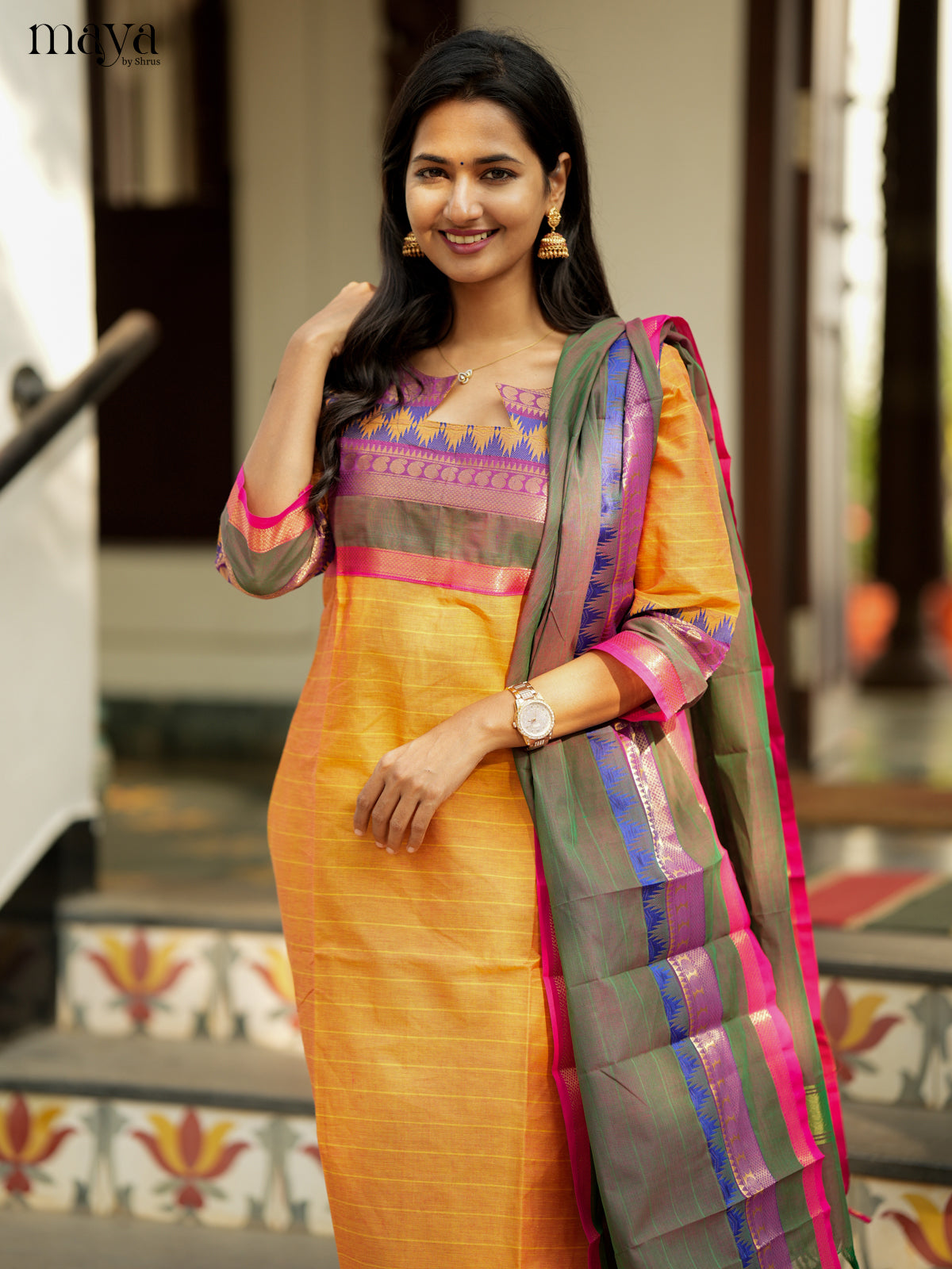 Graceful mustard & Double Shaded Green Chettinad Cotton straight Readymade Kurti with dupatta