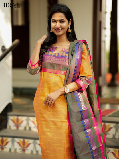 Graceful mustard & Double Shaded Green Chettinad Cotton straight Readymade Kurti with dupatta