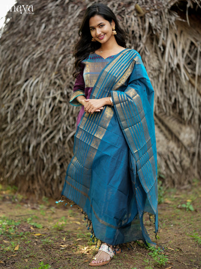 Trendy Purple & Blue Chettinad Cotton Readymade Kurti with dupatta