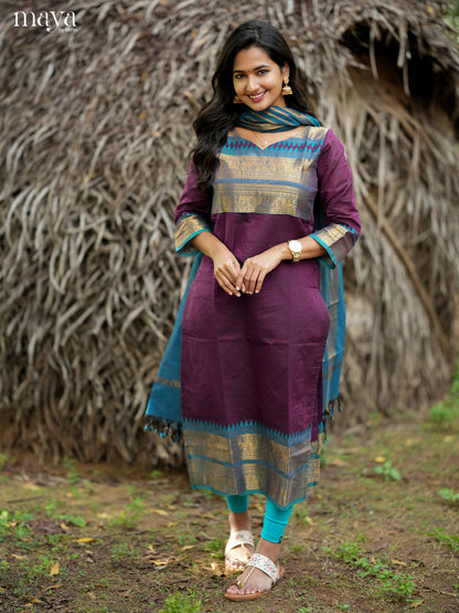 Trendy Purple & Blue Chettinad Cotton Readymade Kurti with dupatta