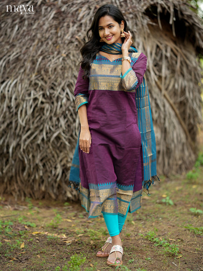 Trendy Purple & Blue Chettinad Cotton Readymade Kurti with dupatta