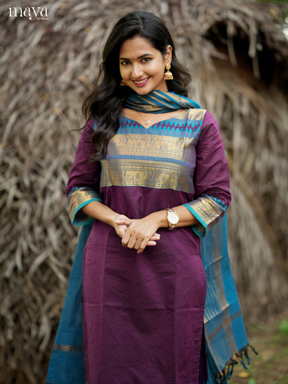 Trendy Purple & Blue Chettinad Cotton Readymade Kurti with dupatta