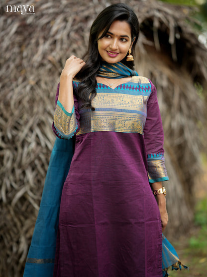 Trendy Purple & Blue Chettinad Cotton Readymade Kurti with dupatta