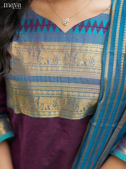 Trendy Purple & Blue Chettinad Cotton Readymade Kurti with dupatta