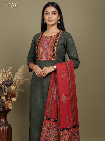 Pretty Green & Red Readymade 3 Piece with ajrakh printed neck yoke