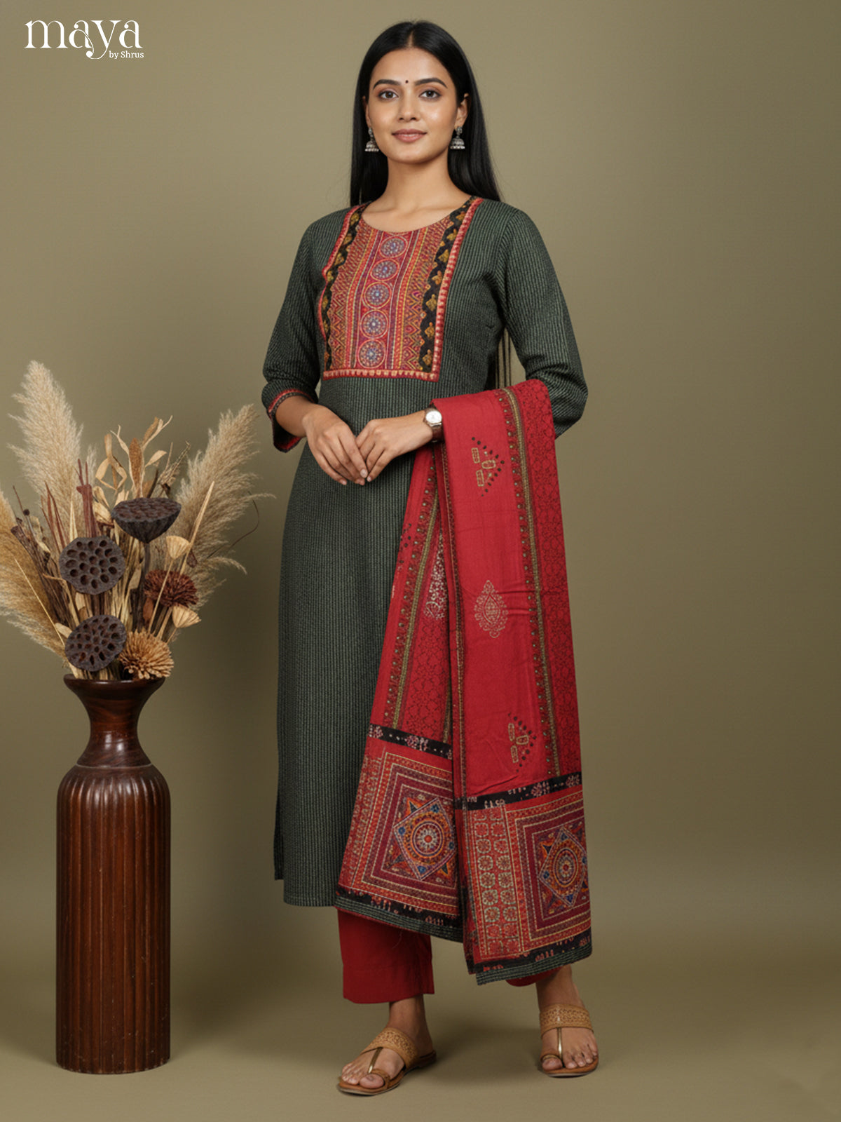 Pretty Green & Red Readymade 3 Piece with ajrakh printed neck yoke